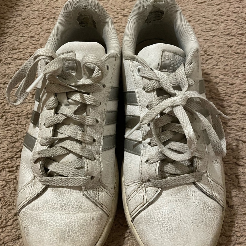 Worn Out Used White and Silver Adidas Sneakers